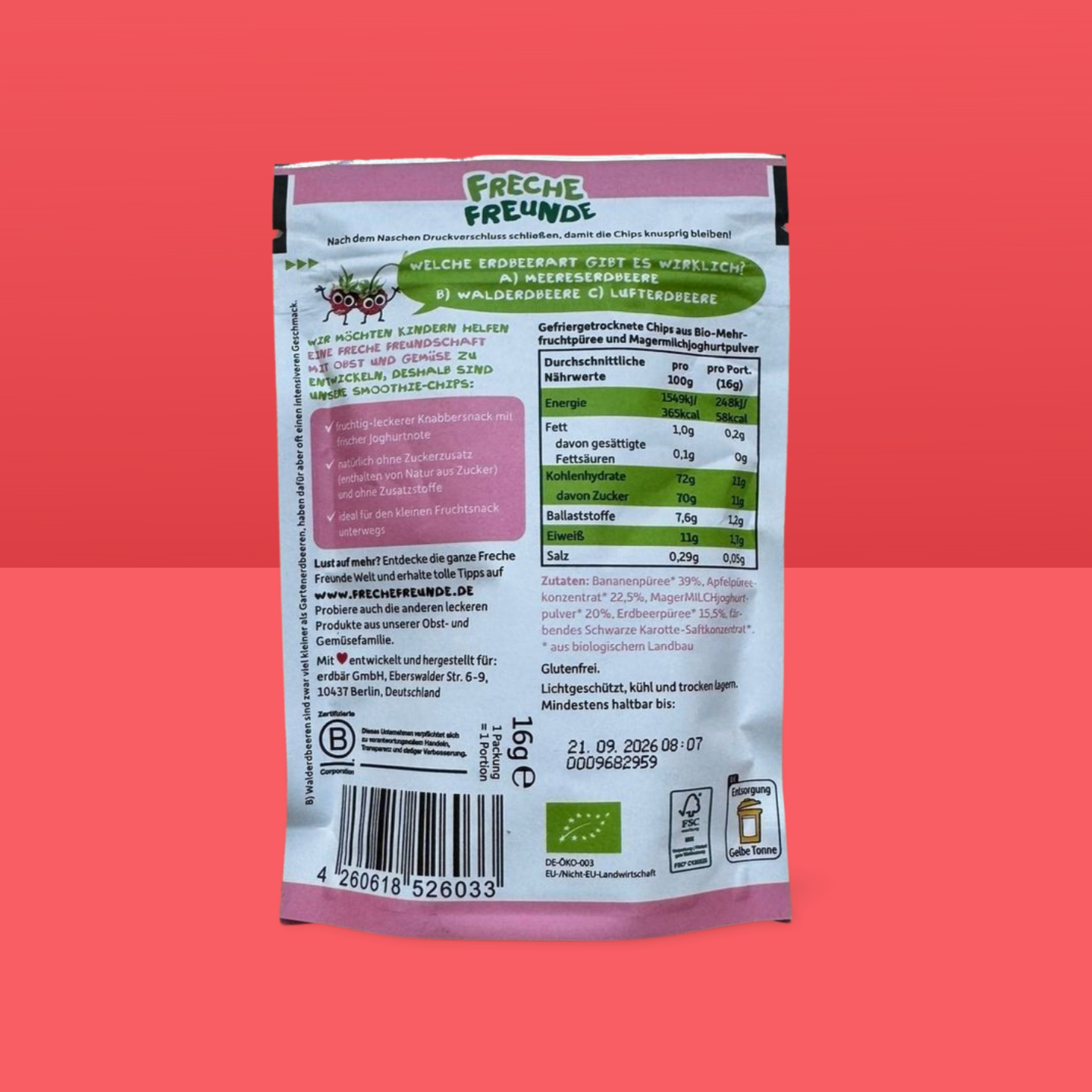 Freche Freunde smoothiechips, banan, äpple, jordgubb och yoghurt, från 3 år